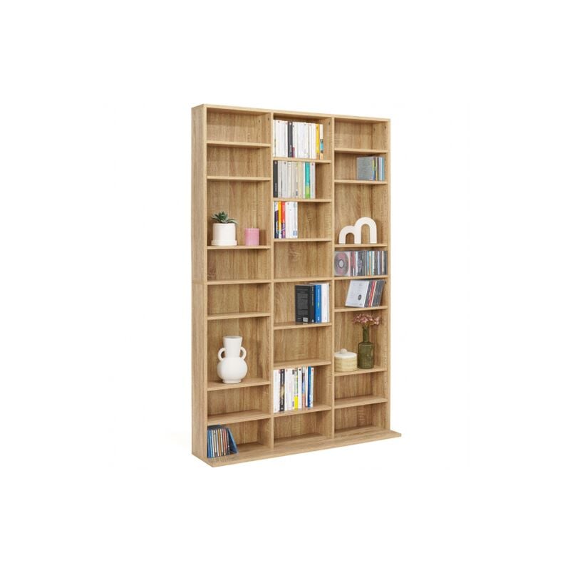 Scaffale libreria armadio porta CD con 30 scomparti con ripiani regolabili,  legno look faggio