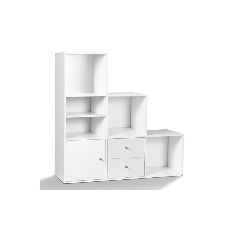 Libreria mobili a forma di scala a 3 livelli in legno bianco con anta e  cassetti LIAM