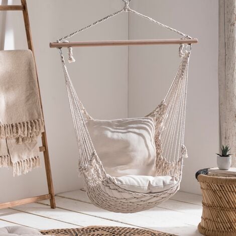 Poltrona sospesa bohémien con 2 cuscini, design macramé ecru