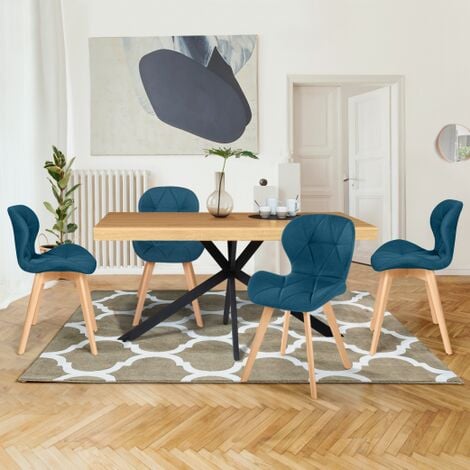 Set di 4 sedie ROBINE in tessuto blu anatra per sala da pranzo