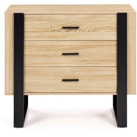 Cassettiera PHOENIX 3 Cassetti Design Legno E Nero, 84x40x72,5 Cm, In Truciolato Melaminico, Gambe Sottili, Stile Moderno
