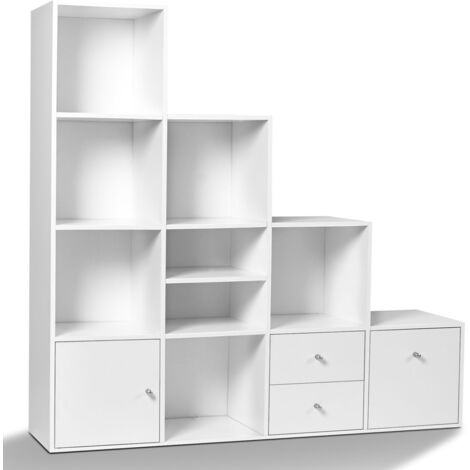 Libreria mobili a forma di scala a 4 livelli, in legno bianco con anta e cassetti LIAM