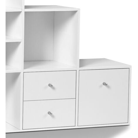 Libreria mobili a forma di scala a 4 livelli, in legno bianco con anta e cassetti LIAM