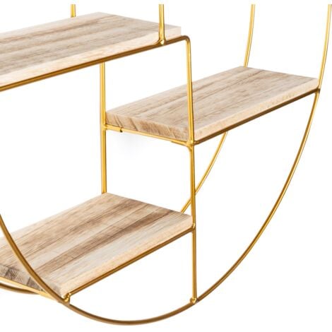 Scaffale rotondo a parete LILY 4 livelli in legno e metallo dorato design industriale