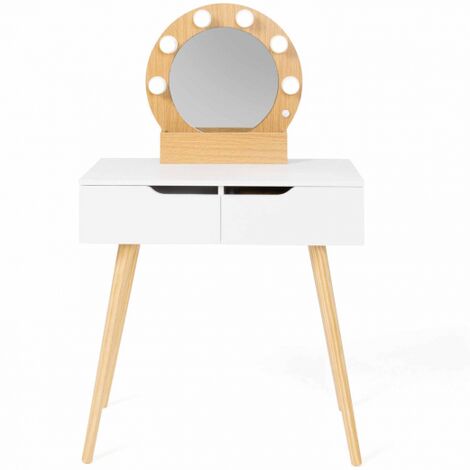 Toeletta con specchio e 2 cassetti scandinavo in legno e bianco con specchio  LED LIVIA