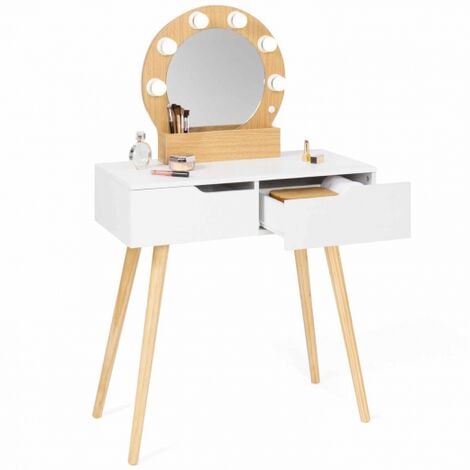 Toeletta con specchio e 2 cassetti scandinavo in legno e bianco con specchio  LED LIVIA