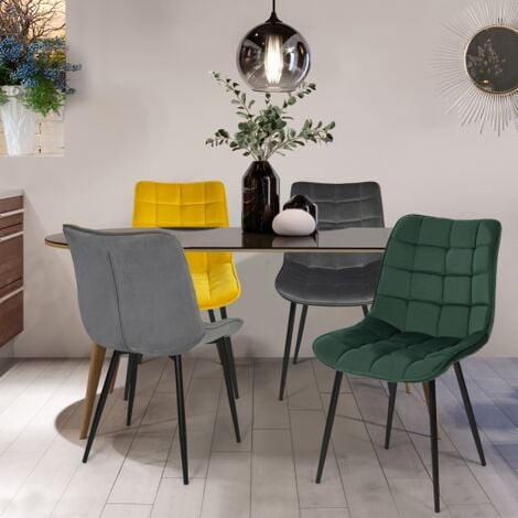 Set di 4 sedie da pranzo in velluto verde, grigrio chiaro, grigio scuro e  giallo