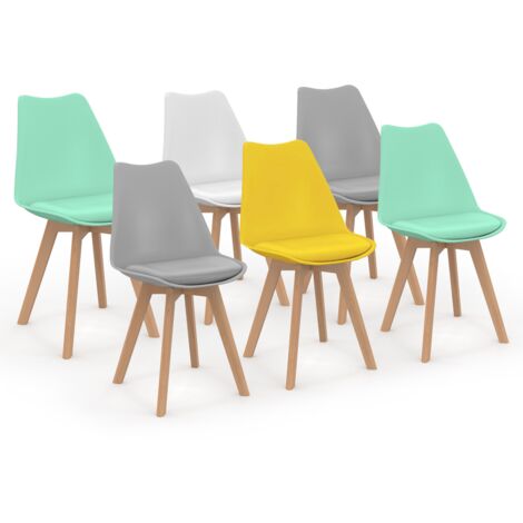 Set di 6 sedie scandinavo giallo pastello, bianco, gris chiaro x2, verde x2 SARA