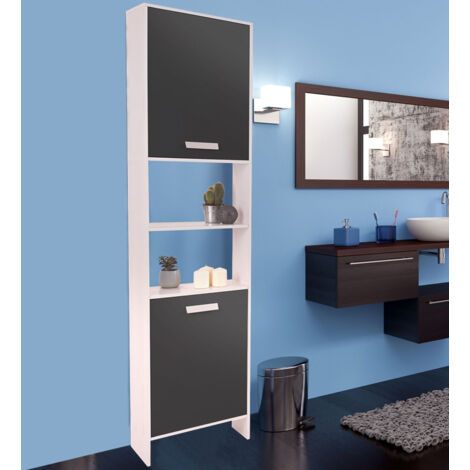 Colonna Per Bagno TOMI 2 Ante 4 Nicchie - In Legno Faggio E Bianco, Sospesa, Dimensioni 20x20x170 Cm