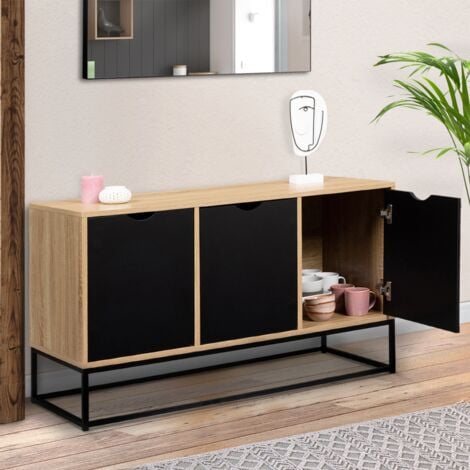 Credenza bassa a 3 ante, nera, design industriale BOSTON