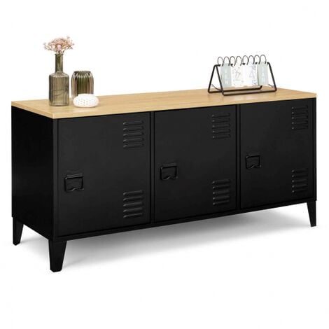 Credenza bassa a 3 ante, metal nero, vassoio in legno, design industriale  ESTER