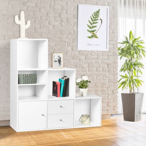 Libreria mobili a forma di scala a 3 livelli in legno bianco con anta e  cassetti LIAM