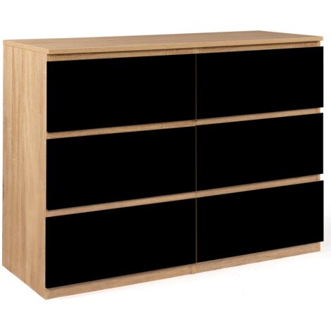 TOMI 110 cm cassettiera a 6 cassetti in legno effetto faggio e nero