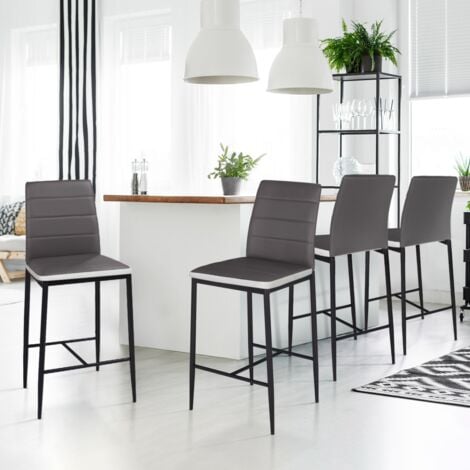 Set di 4 sgabelli ROMANE in PVC grigio con fasce bianche, sedie da bar imbottite
