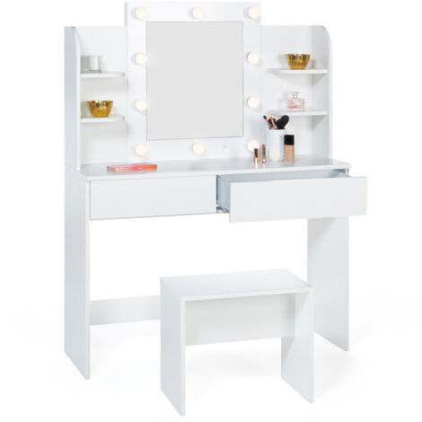 ZELIA tavolo da toilette bianco con 4 ripiani, specchio LED e sgabello