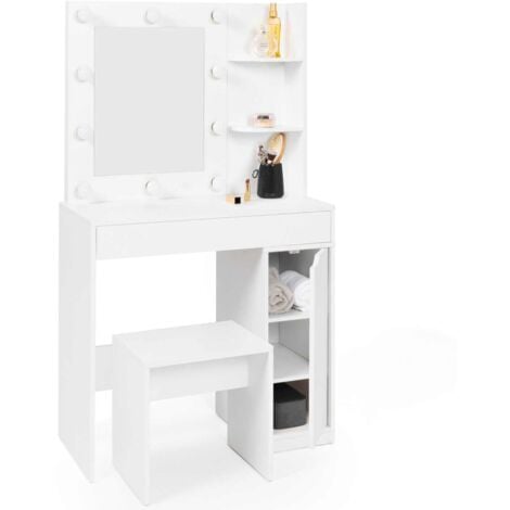 Mobiletto ZELIA con specchio LED, 1 cassetto, ripiani, contenitore e sgabello