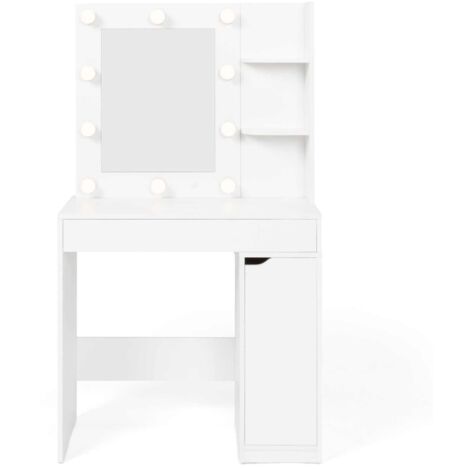 Mobiletto ZELIA con specchio LED, 1 cassetto, ripiani, contenitore e sgabello