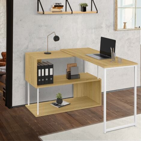 Escritorio esquinero giratorio 180° DETROIT Estantería en forma de S diseño industrial madera y metal blanco