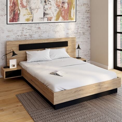 Letto matrimoniale SANTA 140 x 190 cm con testata e comodini sospesi e base in legno e nero