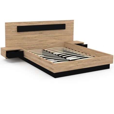 Letto matrimoniale SANTA 140 x 190 cm con testata e comodini sospesi e base in legno e nero