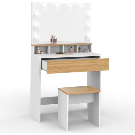 Mueble de tocador ZELIA blanco y haya con espejo LED, 4 huecos, 1 cajón y taburete