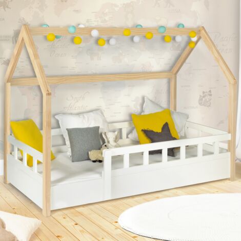 Cama camarote infantil 80 x 160 CM NEREE blanco y haya con somier y barandillas