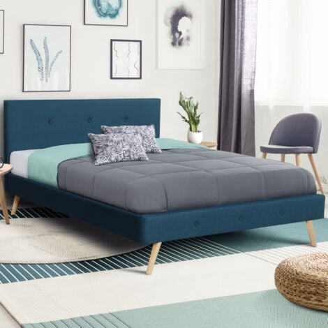 Letto matrimoniale scandinavo OSLO 160 x 200 CM tessuto blu anatra