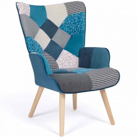 Poltrona scandinava IVAR in tessuto patchwork e velluto blu