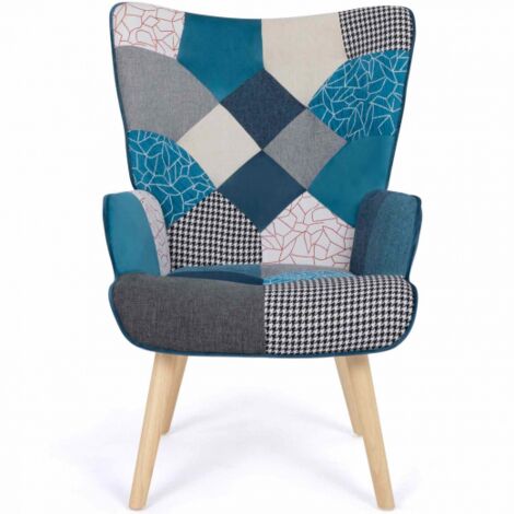 Poltrona scandinava IVAR in tessuto patchwork e velluto blu