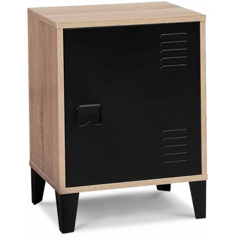 Comodino ESTER effetto legno con 1 anta in metallo nero, design industriale