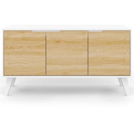 Credenza bassa scandinava 113 cm FINN bianco 3 ante effetto faggio