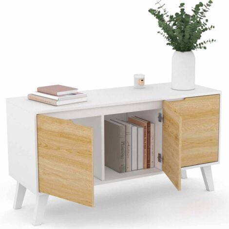 Credenza bassa scandinava 113 cm FINN bianco 3 ante effetto faggio