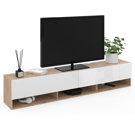 Mueble TV suspendido ELIO 2 puertas con estantes de madera y blanco 180 cm