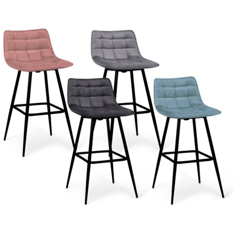 Lote de 4 taburetes de bar MADY en mezcla de colores azul pastel, gris claro, gris oscuro y terciopelo rosa