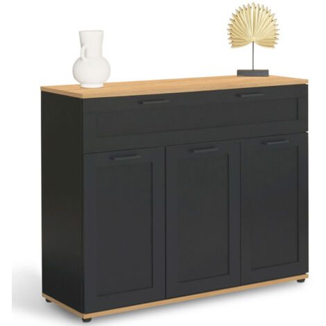 Credenza VITO 100 cm con 3 ante e 1 cassetto, nero e piano in legno