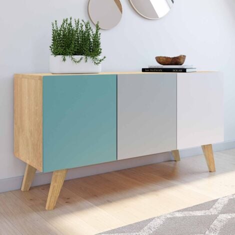 113 cm ALICE Credenza bassa scandinava a 3 ante in blu, grigio e bianco