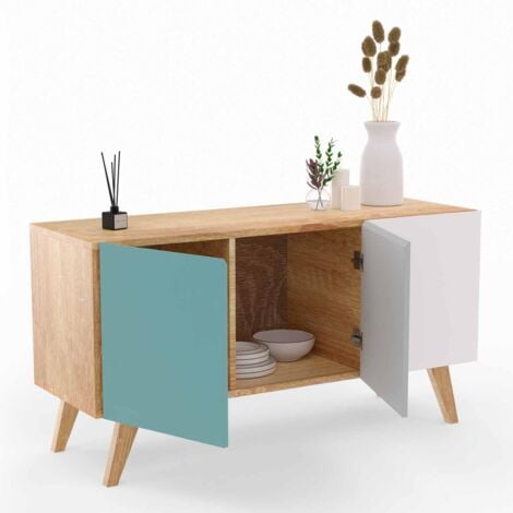 113 cm ALICE Credenza bassa scandinava a 3 ante in blu, grigio e bianco