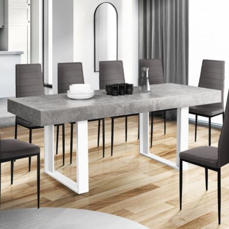 Tavolo da pranzo rettangolare allungabile OREGON con contenitore per 4-8 persone, effetto cemento e bianco 160-200 cm