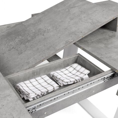 Tavolo da pranzo rettangolare allungabile OREGON con contenitore per 4-8 persone, effetto cemento e bianco 160-200 cm