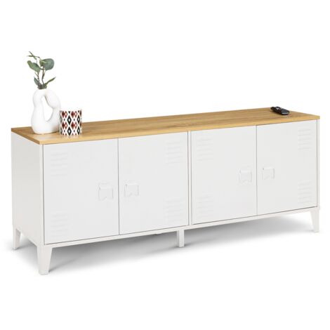 Credenza bassa ESTER 140 cm con 4 ante in metallo bianco e piano in legno dal design industriale