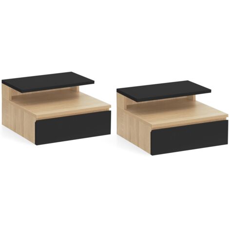 Set di 2 comodini a parete TOMI con mensole sospese + 1 mensola in legno effetto faggio e cassetto nero