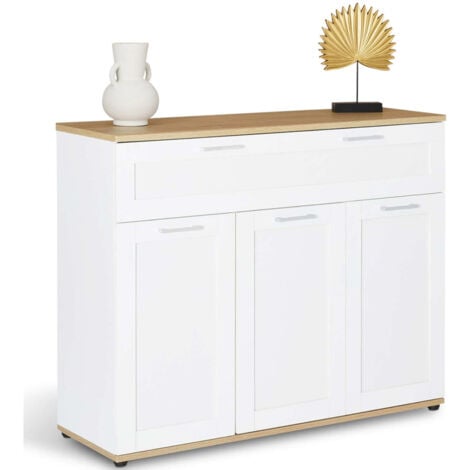 Credenza VITO 100 cm con 3 ante e 1 cassetto, bianco e piano in legno