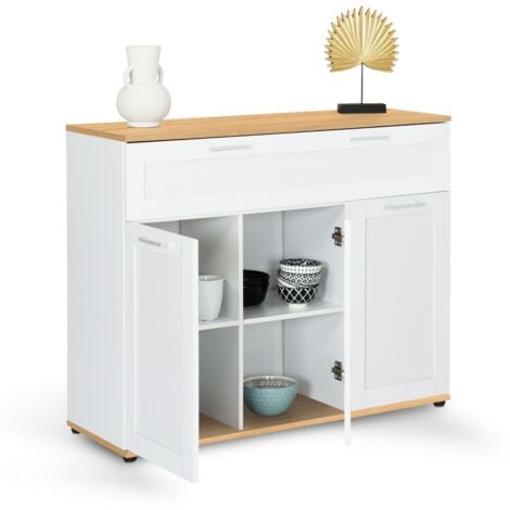 Credenza VITO 100 cm con 3 ante e 1 cassetto, bianco e piano in legno