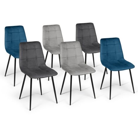 Set di 6 sedie MILA in velluto misto blu x2, grigio scuro x2, grigio chiaro x2