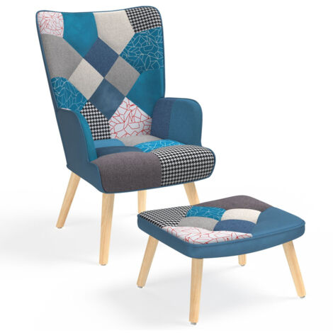 IVAR Poltrona scandinava con poggiapiedi in tessuto patchwork e velluto blu