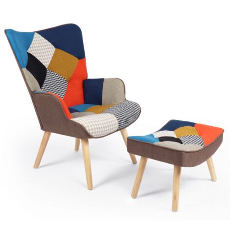 Poltrona scandinava IVAR con poggiapiedi in tessuto patchwork multicolore e stampa pied-de-poule