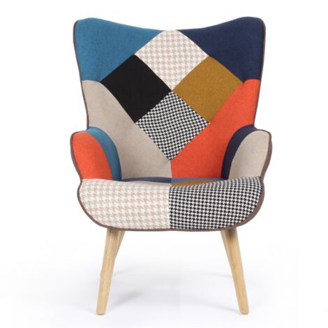 Poltrona scandinava IVAR con poggiapiedi in tessuto patchwork multicolore e stampa pied-de-poule
