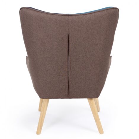 Poltrona scandinava IVAR con poggiapiedi in tessuto patchwork multicolore e stampa pied-de-poule