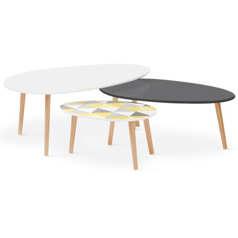 Set di 3 tavolini da salotto GIGI, laccati bianco/grigio/grafici