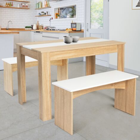 Set di tavolo da pranzo e 2 panche ROZY per 4 persone, finitura faggio e bianco 110 cm